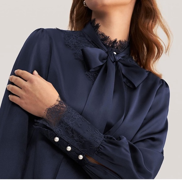 LilySilk X MIM Women's Lace Silk Blouse with Removable Bow - Picture 5 of 12